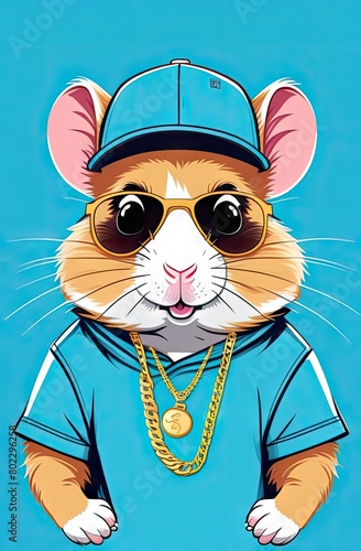 Stylish humster flaunts sunglasses, gold chain,blue  shirt, and blue hat. Humster in hip hop style. Perfect for edgy t-shirt prints, backpacks, and notebook covers.