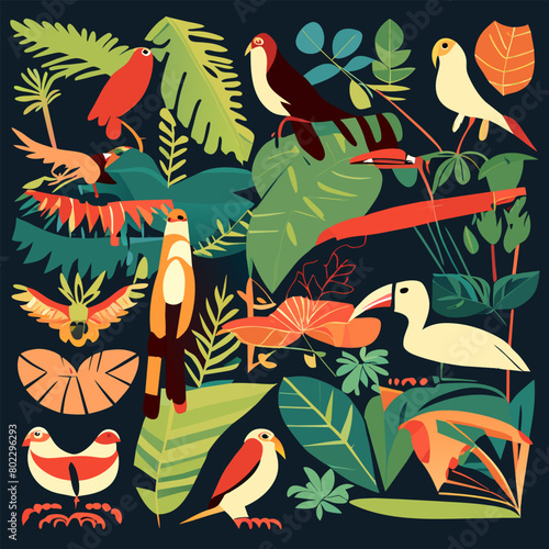 a set of hand draw flat collection of rainforest birds  vector illustration flat 2