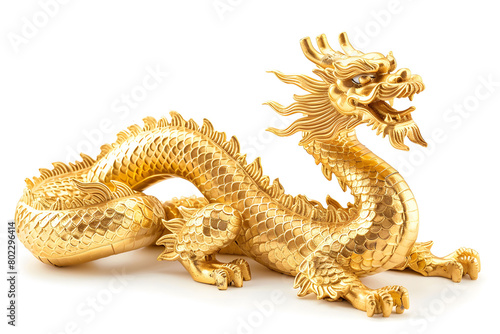 Photograph of Chinese shiny golden dragon  on white or black background. Fortune Dragon of China with some effect like smoke  particle  fire  glowing  isolated on white or black.