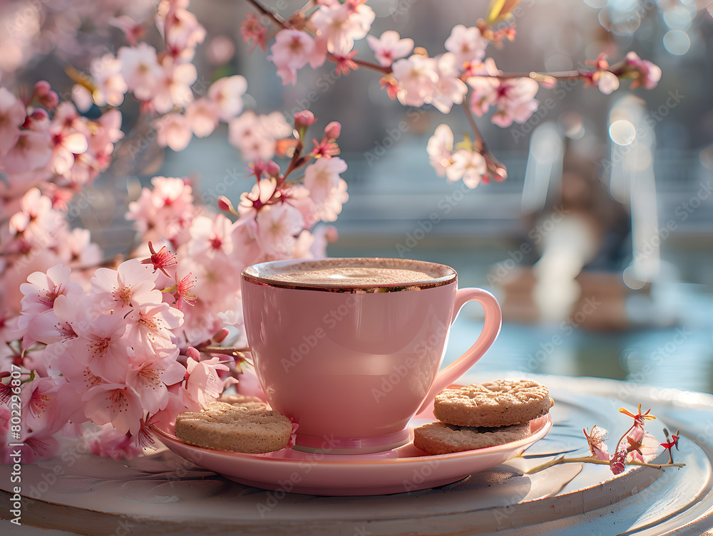 A pink coffee cup and saucer sit on a table, surrounded by flower petals and cookies. European city is in the background. A pink coffee cup and saucer sit on a table, surrounded by flower petals and cookies. European city is in the background.