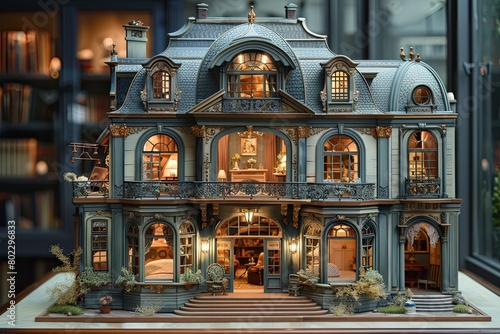 Wooden dollhouse with intricate details, open to reveal furnished rooms. photo