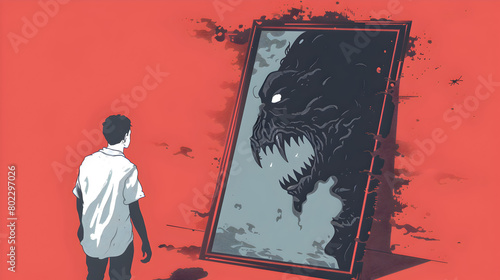 Illustration of a person looking in the mirror but seeing a monster to depict distorted self-image.


