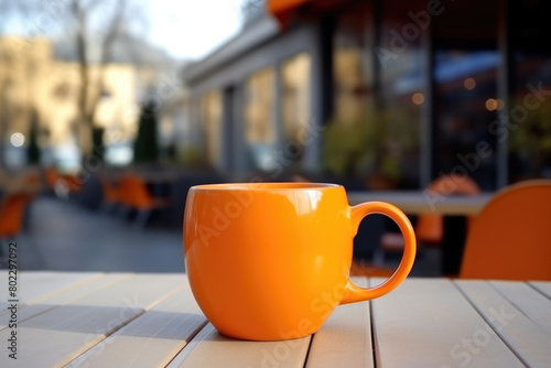 Orange mug on a wooden table in a street cafe.