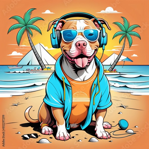 set of funny cartoon pitbull dog  on the beach created with generative AI software. © Tatiana