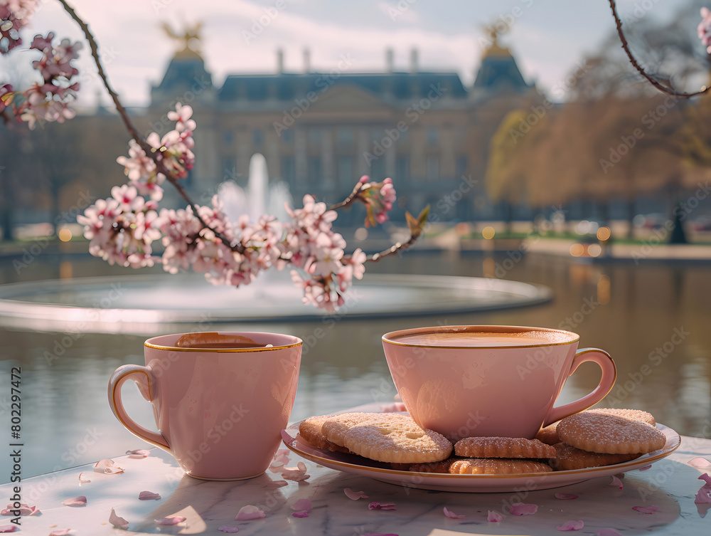 A pink coffee cup and saucer sit on a table, surrounded by flower petals and cookies. European city is in the background. A pink coffee cup and saucer sit on a table, surrounded by flower petals and cookies. European city is in the background.