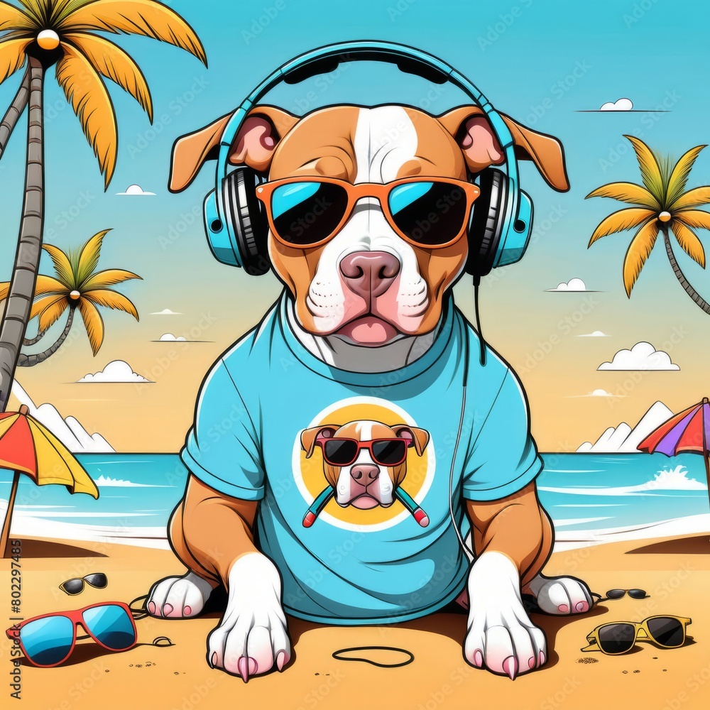 set of funny cartoon pitbull dog  on the beach created with generative AI software.