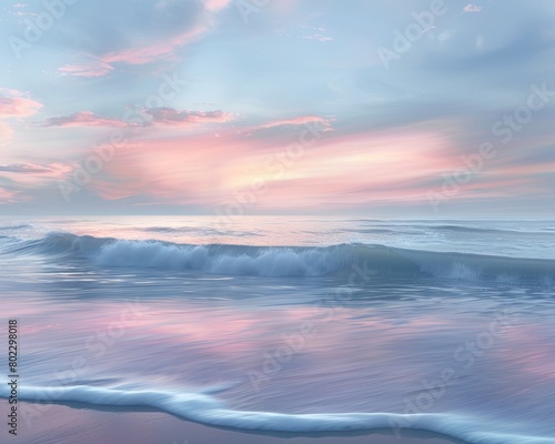 A serene beach scene at sunset, with calm waters and pastel skies, no grunge, splash, dust