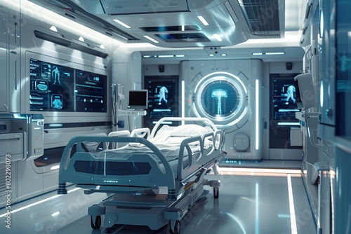 futuristic white hospital room with advanced medical equipment and holographic displays © Doni_Art