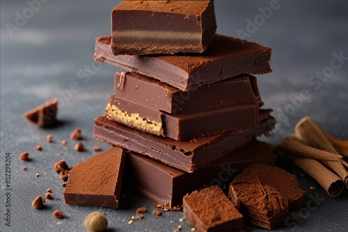 Stack of chocolate slices with spices on a dark slate, stone or concrete background