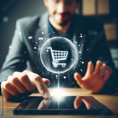 Man Smiling While Shopping Online on Tablet photo