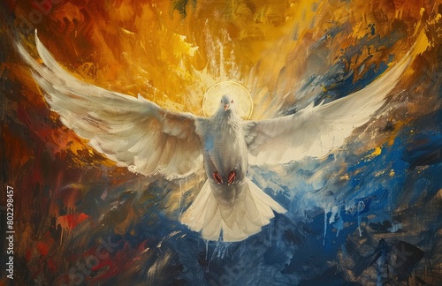 Ancient oil painting of the white dove, golden halo around its head and body with white wings.
