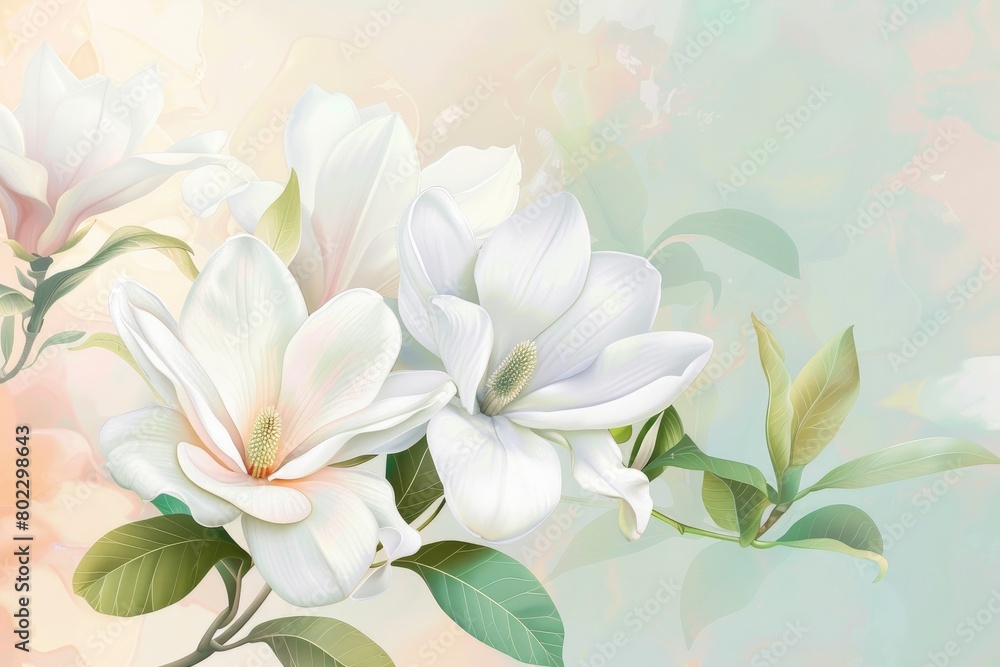 Beautiful white lily  flowers and leaves on a soft colored background .