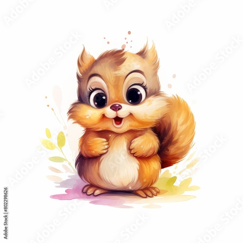 cheery chipmunk, cartoon adorable owl hand drawing watercolor isolated on white background