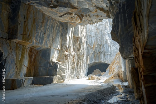 Secluded and serene, this pathway through a natural marble canyon is bathed in light, showcasing the textured rock walls and calm ambiance photo