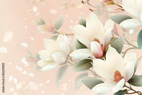 Beautiful white lily  flowers and leaves on a soft colored background . © MSTSANTA