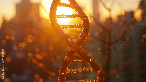 Closeup of DNA double helix with blurred cityscape
