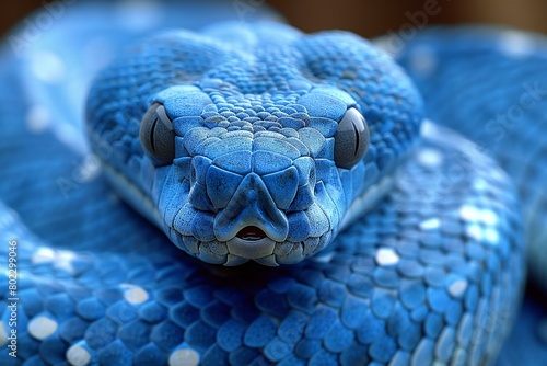 Close-up of the head of a snake with blue eyes