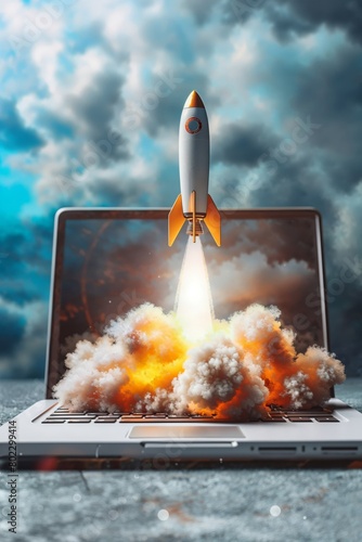 miniature rocketship launching from laptop concept