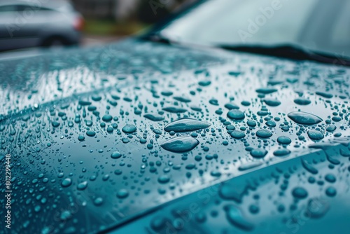 Raindrops on the hood and glass surface of an car.
