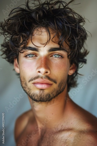 Portrait of a young handsome man with wet hair and blue eyes