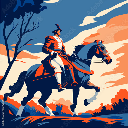 soldado de 1810 sobre un caballo saltando, vector illustration flat 2