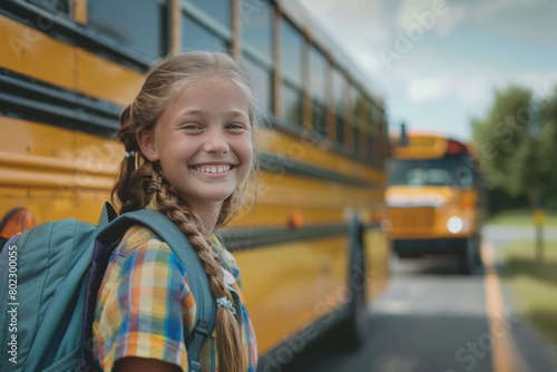 Joyful elementary student girl prepared to hop on the bus