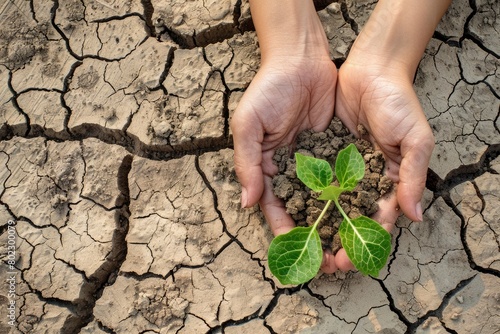 Hand holding green sprout on dry cracked ground, World environment day concept.