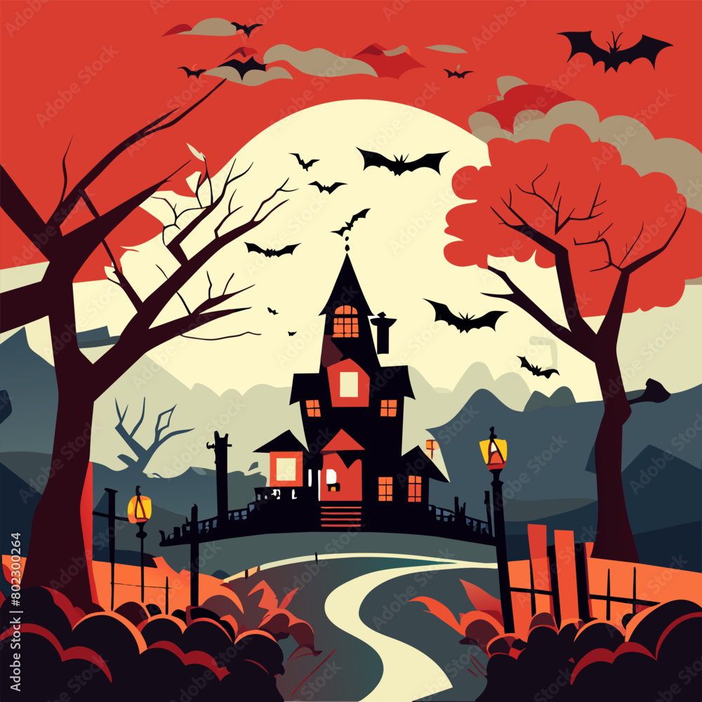 spooky, halloween landscape background, vector illustration flat 2