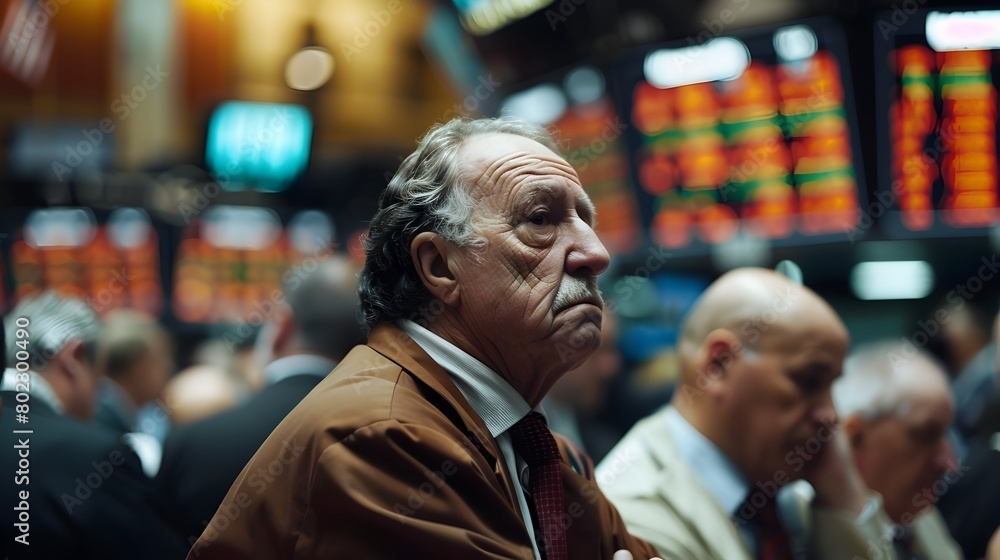 Seasoned Trader Isolated in Bustling Exchange Looking Despondent Among Enthusiastic Peers
