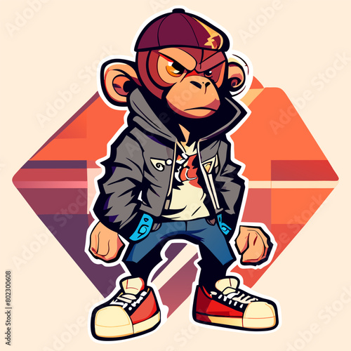 sticker, a full body monkey wearing a ripped black hoodie, t-shirt and sneakers solid background, © Gear Digital