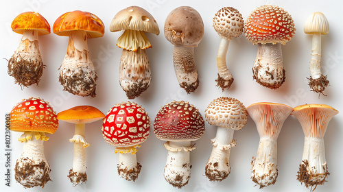 Different types of fresh mushrooms on white background. 