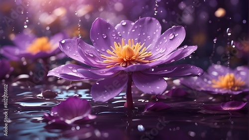  Artistic image depicting water drips on a purple blossom. The scene has a dreamy and poetic interpretation  blending elements of nature and beauty. The purple blossom should be portrayed in a stylize