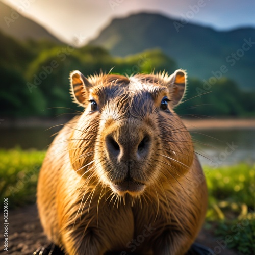 A tranquil scene of a capybara, the world’s largest rodent, basking in the soft glow of the golden hour. Surrounded by lush greenery, its calm demeanor and warm.
