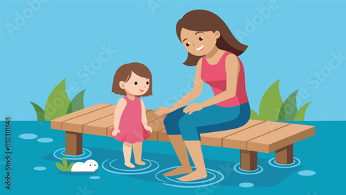 A mother and daughter sit on a wooden bench their feet dipping into a crystal clear pool of water. The daughter giggles as the cool water provides a.