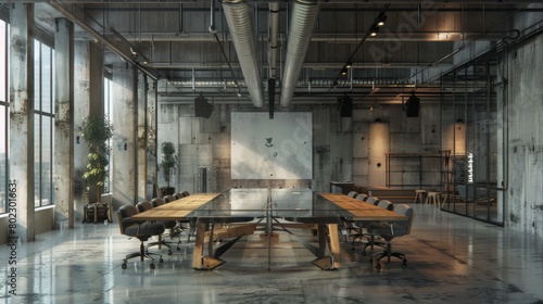 Industrial design glass table in loft style office