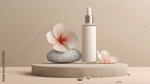 facial serum bottle in yellow color, placed on a white round podium in front of a beige background.