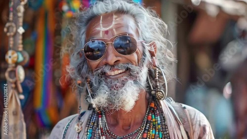 A cheerful elderly hippie man with gray hair and beard, adorned in vibrant clothing and Indian-style necklaces, radiating a bohemian aura.