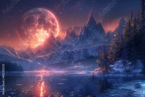 Fantasy landscape with mountain lake and moon in the night sky #802302252