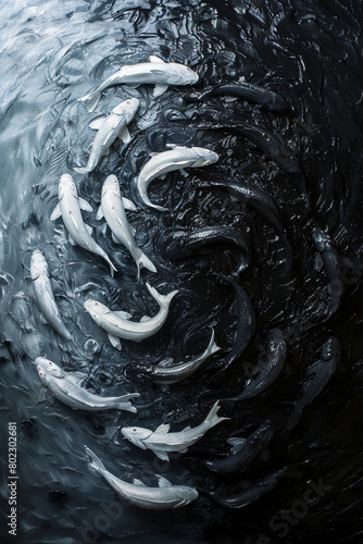 A school of fish swimming in a circular formation half silver and half black representing the balance of movement and unity