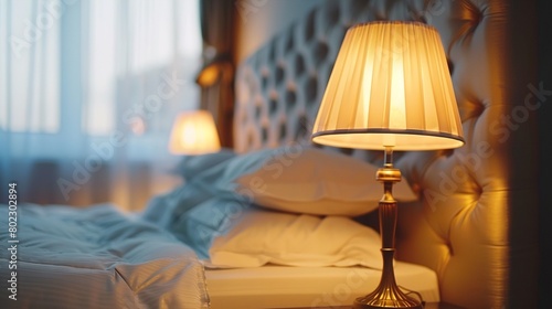 Close-up of a bright table lamp near the bed 