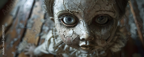 boneca assustdora com olhos azuis e rachaduras no rosto photo