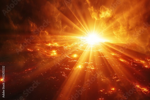 Fiery sunrise with rays of light over the planet    rendering