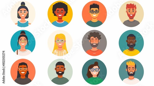 Circle avatars with young peoples faces Portraits of diverse men and women of different races Set of user profiles Round icons with happy smiling humans Colored flat vector illustration © Preeyanuch