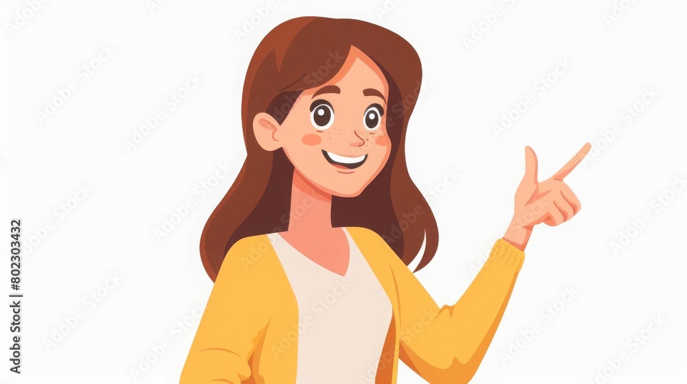 Happy young woman pointing and showing smth with hand Smiling secretary or businesswoman explaining and presenting smth Colored flat vector illustration isolated on white background Happy young woman pointing and showing smth with hand Smiling secretary or businesswoman explaining and presenting smth Colored flat vector illustration isolated on white background