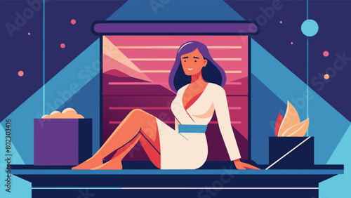 A businesswoman sitting in an infrared sauna after a conference using the time to unwind and recharge both mentally and physically..