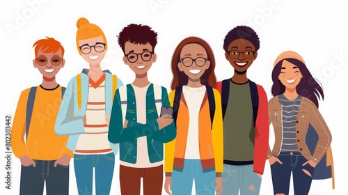 Group of diverse modern students or classmates standing together Portrait of happy young people isolated on white background Colored flat cartoon vector illustration of smiling teenagers