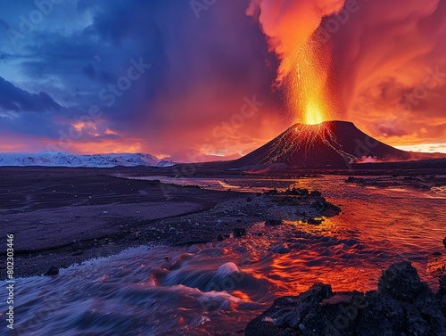 Watch in awe as a vent eruption paints the sky with fiery hues, casting a prismatic glow over the fishfilled stream below photo