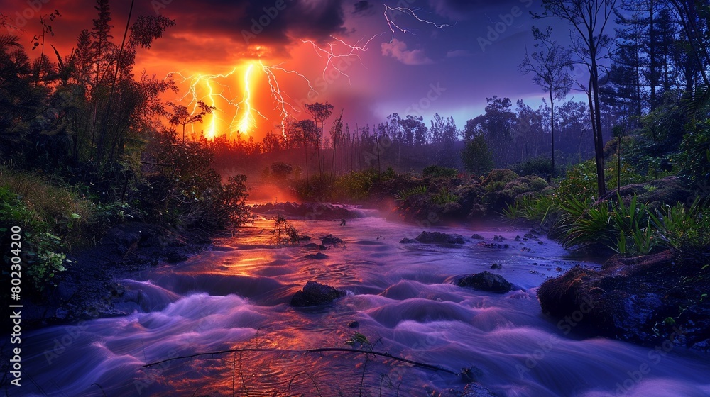Marvel at the volcanic lightning illuminating a stream with a vibrant fish population, a dance of light and life Marvel at the volcanic lightning illuminating a stream with a vibrant fish population, a dance of light and life
