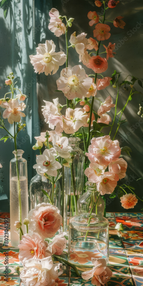 Ethereal Light Shines Through Delicate Flowers in Glass Vases