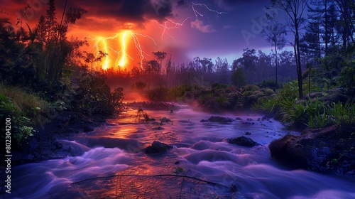 Marvel at the volcanic lightning illuminating a stream with a vibrant fish population  a dance of light and life